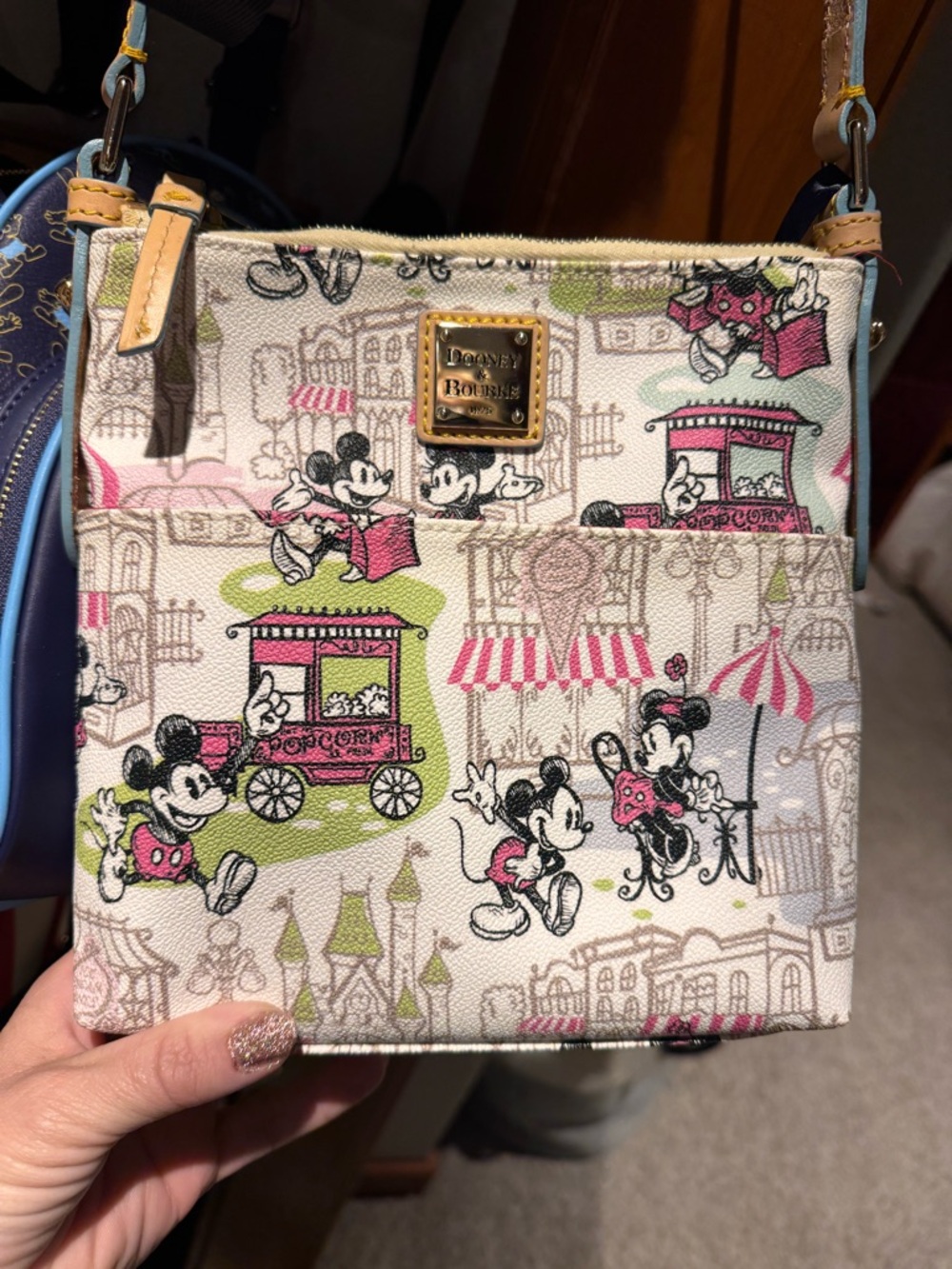 Dooney & Bourke Cream Canvas Mickey Mouse Crossbody with Pink & Green Accents